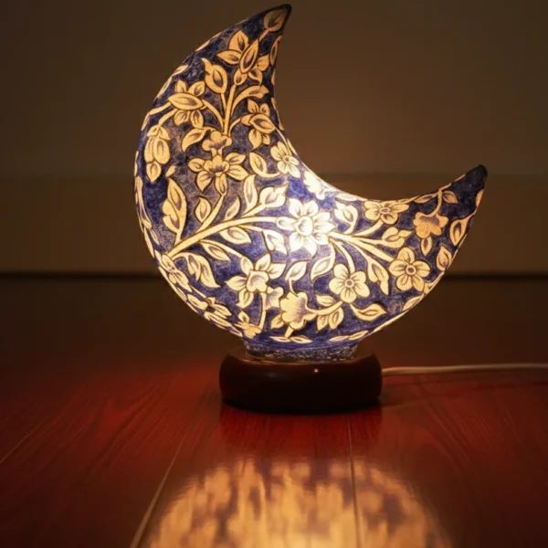 Blue Floral Design Moon Lamp|Camel Skin Lamps. Size = 9 Inch