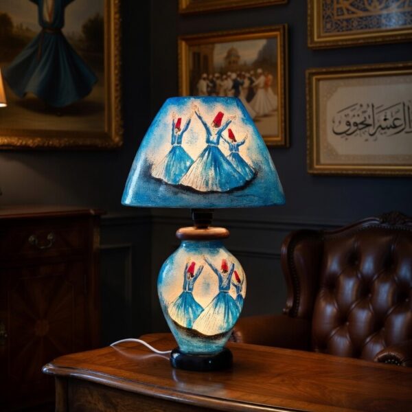 Blue Whirling Sufi Theme Floral Lamp | Camel Skin Lamps Size = 21 inch